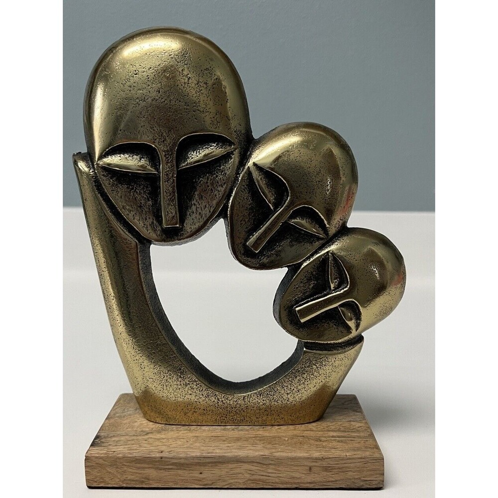 MCM Metal 3 Head and Faces Sculpture on Wood Base